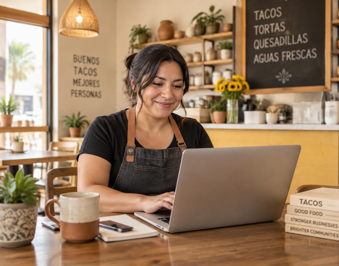 Small business owner working on her laptop in her taqueria